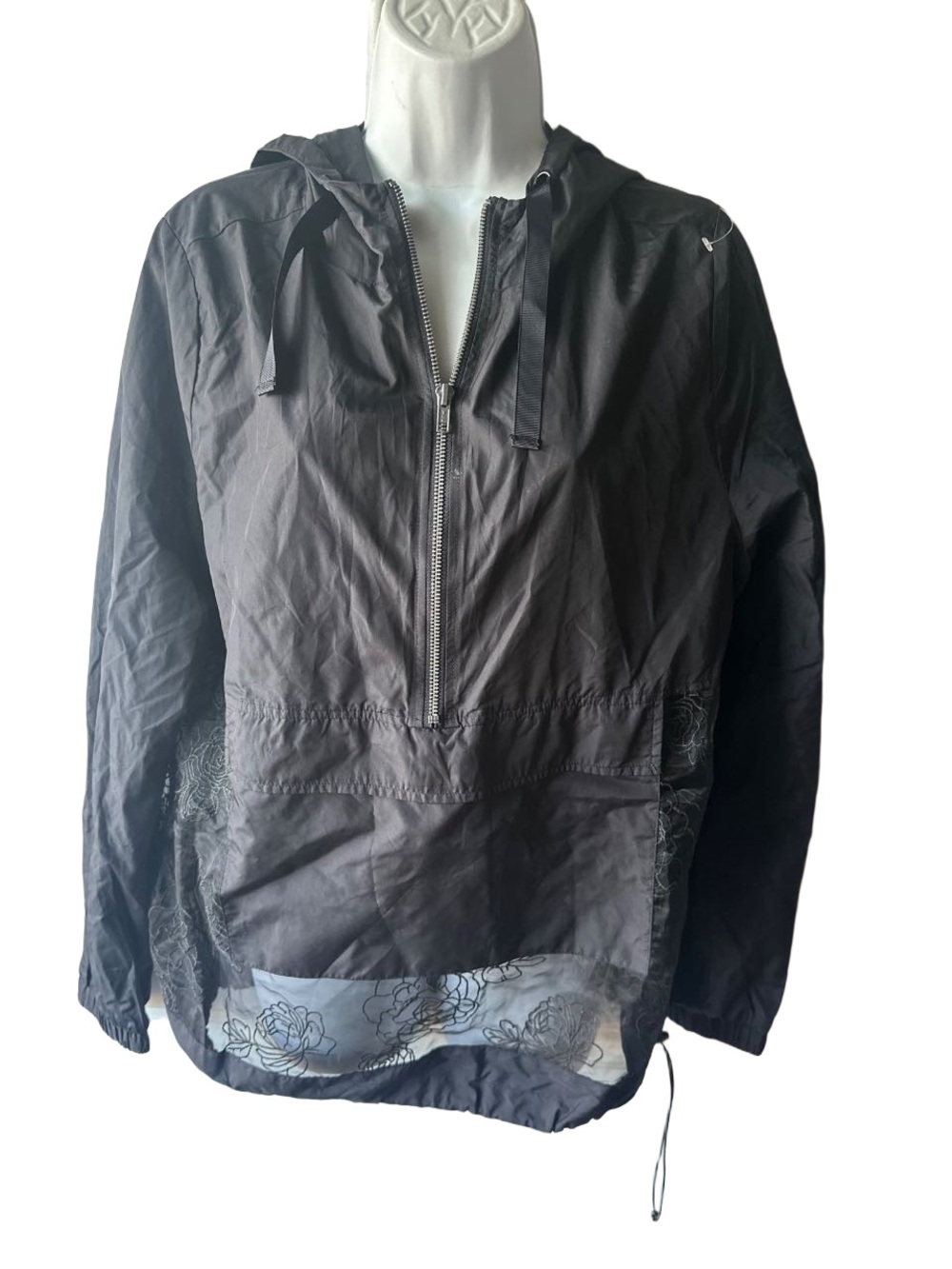 Fabletics Black Half Zip Windbreaker Jacket M Hooded Sheer Floral Lace Hem